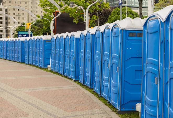 a line of portable restrooms set up for a wedding or special event, ensuring guests have access to comfortable and clean facilities throughout the duration of the celebration in Berlin Center